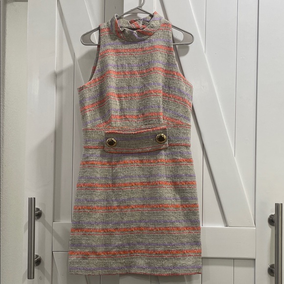 MILLY Striped Sleeveless Dress with Gold Accents Peek A Boo 10 - Picture 2 of 9